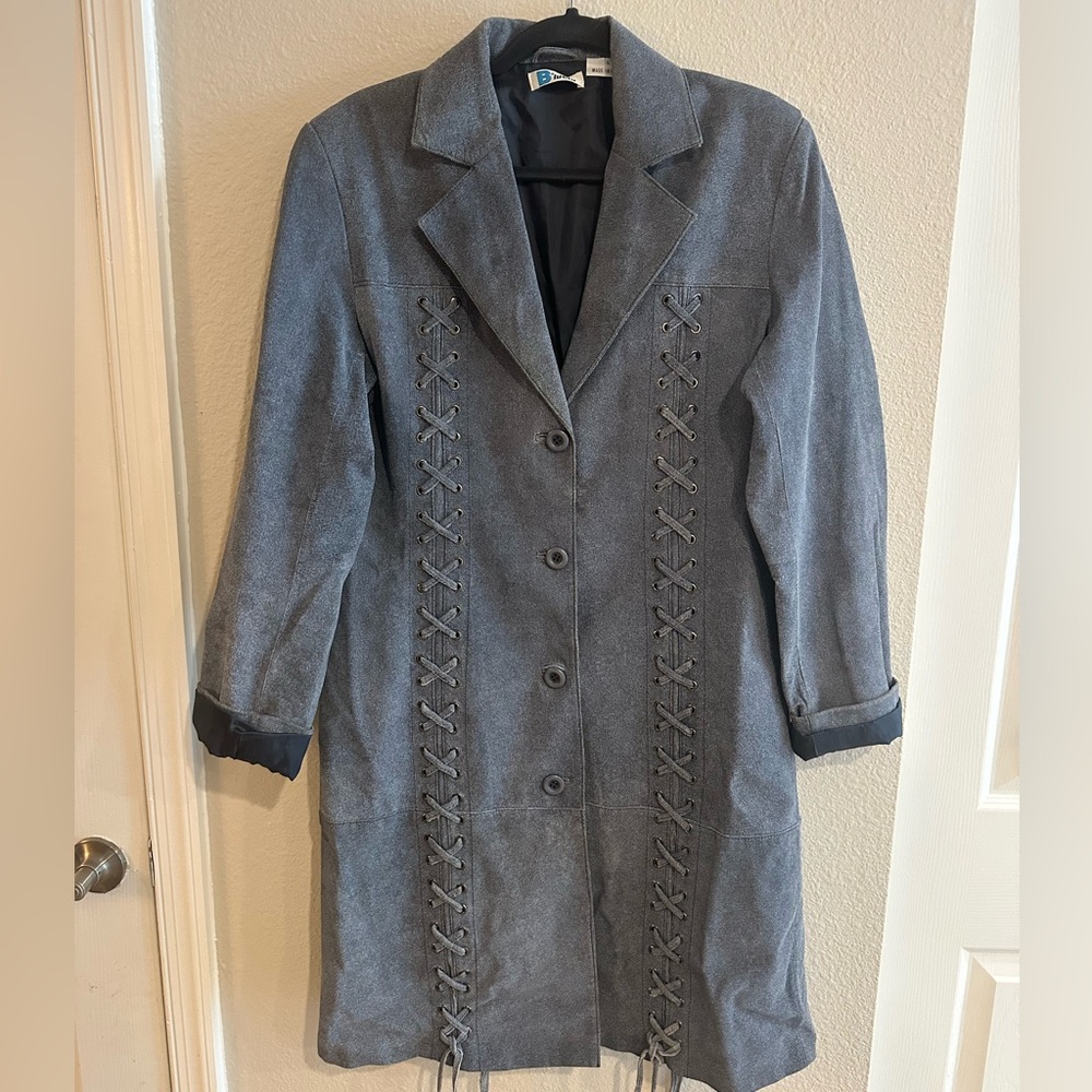 Vintage Y2K 90s B Lucid Large Blue Suede Trench Coat Lace up Detail Lined Fall